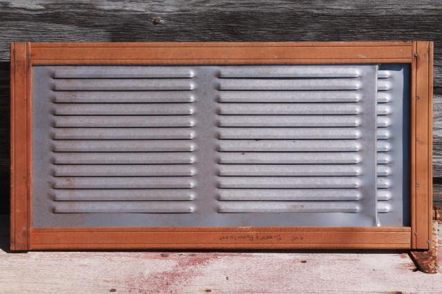 photo of vintage farmhouse window screens w/ slide adjustable wood frames, old galvanized zinc metal vents #2