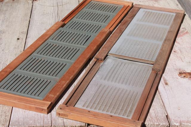 photo of vintage farmhouse window screens w/ slide adjustable wood frames, old galvanized zinc metal vents #5