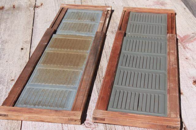 photo of vintage farmhouse window screens w/ slide adjustable wood frames, old galvanized zinc metal vents #7