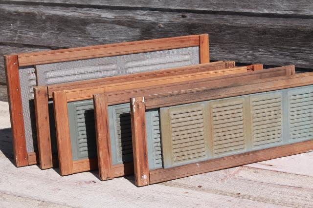 photo of vintage farmhouse window screens w/ slide adjustable wood frames, old galvanized zinc metal vents #9