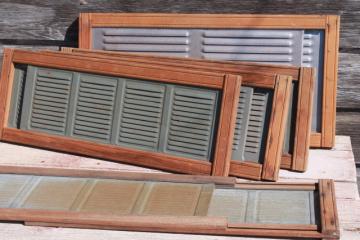 catalog photo of vintage farmhouse window screens w/ slide adjustable wood frames, old galvanized zinc metal vents