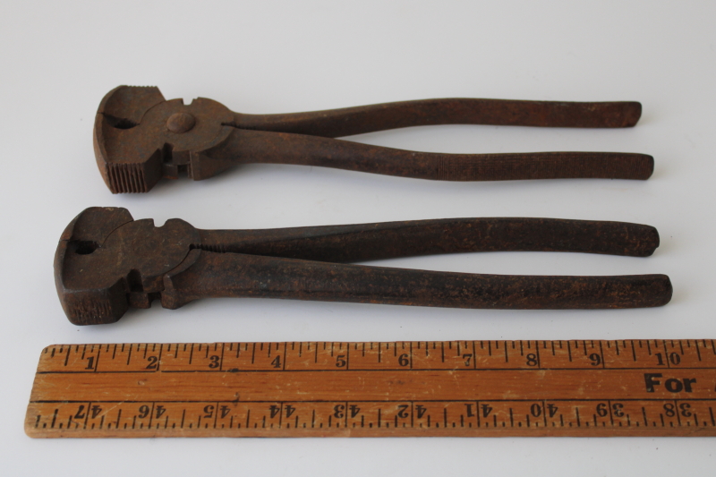 photo of vintage farrier tools, nippers w/ hammer heads, long handled tongs for horseshoeing  #1