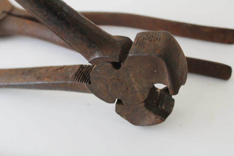 photo of vintage farrier tools, nippers w/ hammer heads, long handled tongs for horseshoeing  #3