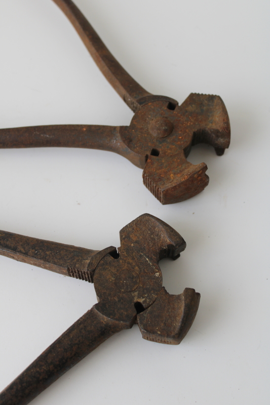 photo of vintage farrier tools, nippers w/ hammer heads, long handled tongs for horseshoeing  #4