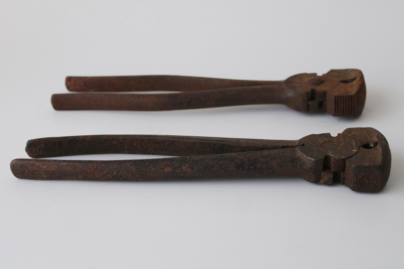 photo of vintage farrier tools, nippers w/ hammer heads, long handled tongs for horseshoeing  #5