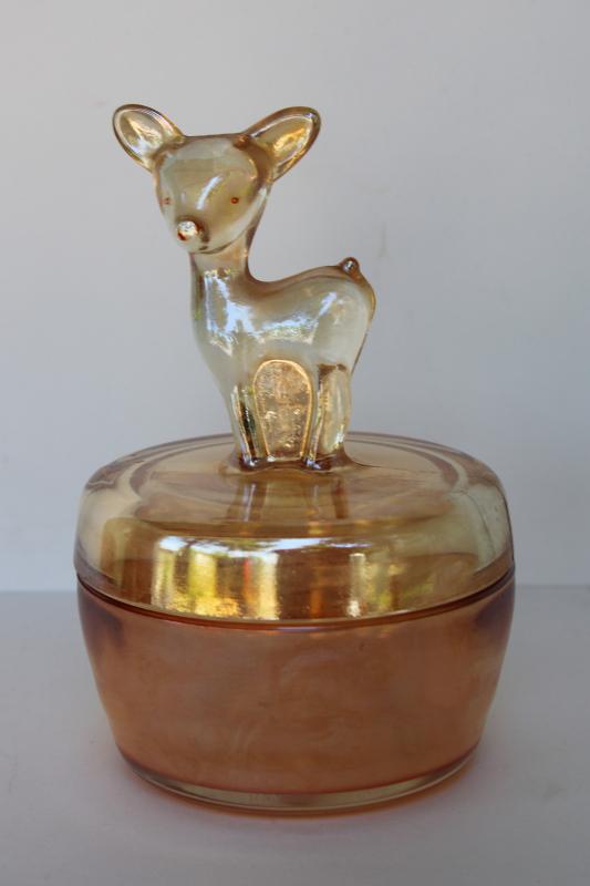 photo of vintage fawn deer peach luster glass vanity table puff box or jewelry dish #1