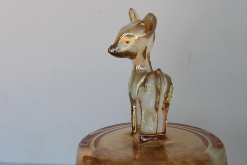 photo of vintage fawn deer peach luster glass vanity table puff box or jewelry dish #3