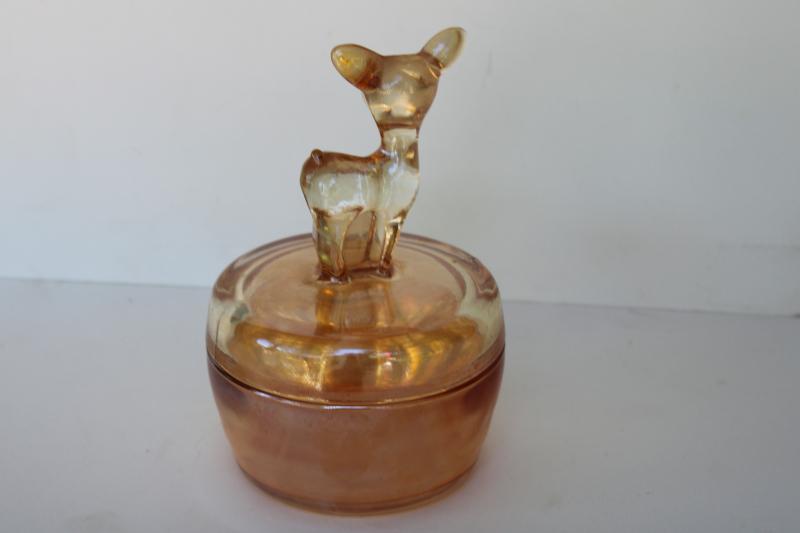 photo of vintage fawn deer peach luster glass vanity table puff box or jewelry dish #4