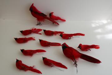 catalog photo of vintage feather birds, large & small red cardinals Christmas holiday bird ornaments