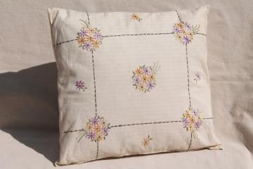 catalog photo of vintage feather filled ticking pillow w/ embroidered cotton cover, cottage chic flowers