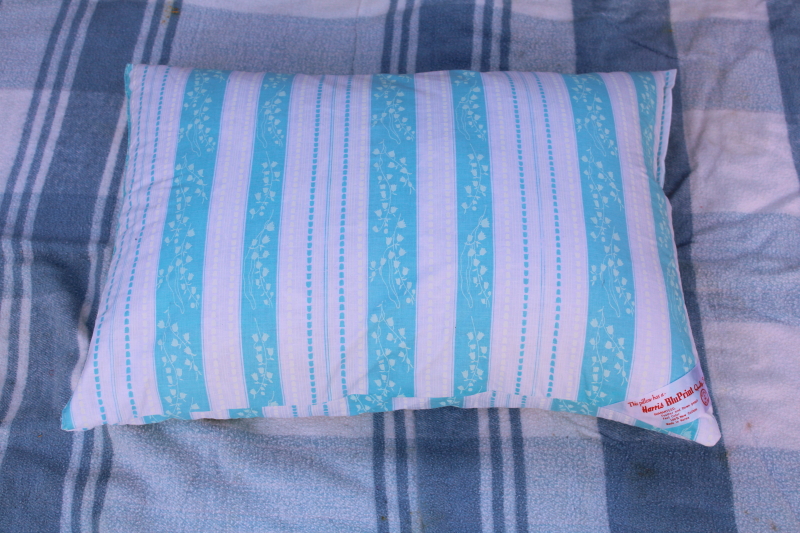 photo of vintage feather pillow, Harris cotton ticking fabric blue & white #1