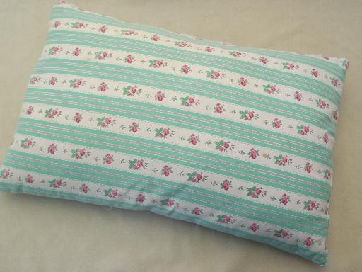 photo of vintage  feather pillow,  cottage flowered stripe cotton ticking fabric #1