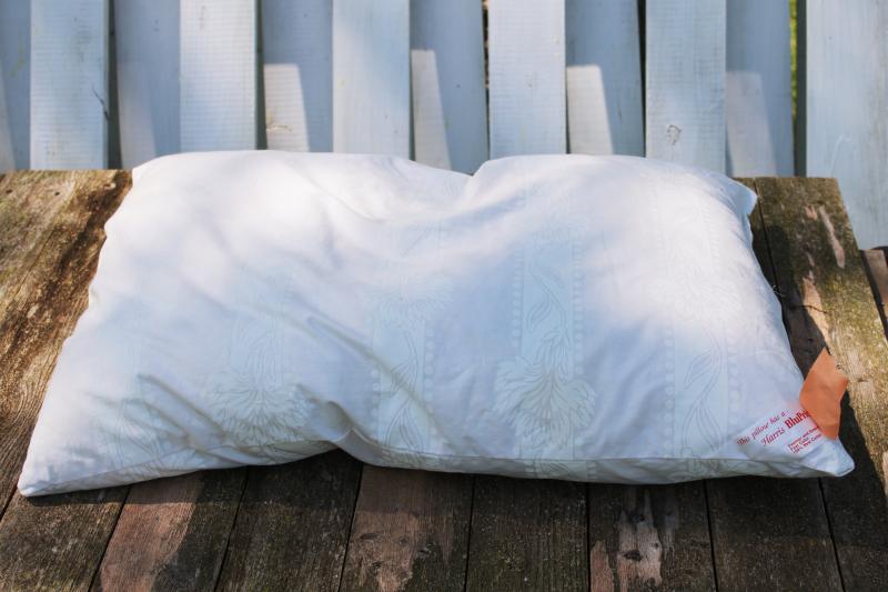 photo of vintage feather pillow in Harris cotton ticking fabric, all white farmhouse style #1