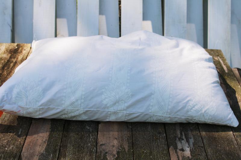 photo of vintage feather pillow in Harris cotton ticking fabric, all white farmhouse style #6