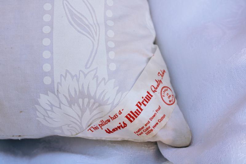 photo of vintage feather pillow in Harris cotton ticking fabric, all white farmhouse style #2