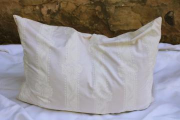 catalog photo of vintage feather pillow in Harris cotton ticking fabric, all white farmhouse style