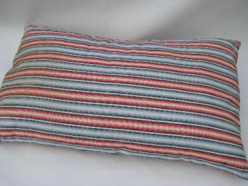 catalog photo of vintage feather pillow, old red and blue striped cotton ticking fabric