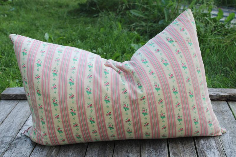 photo of vintage feather pillow, pink floral striped cotton ticking pillow, cottage chic #1