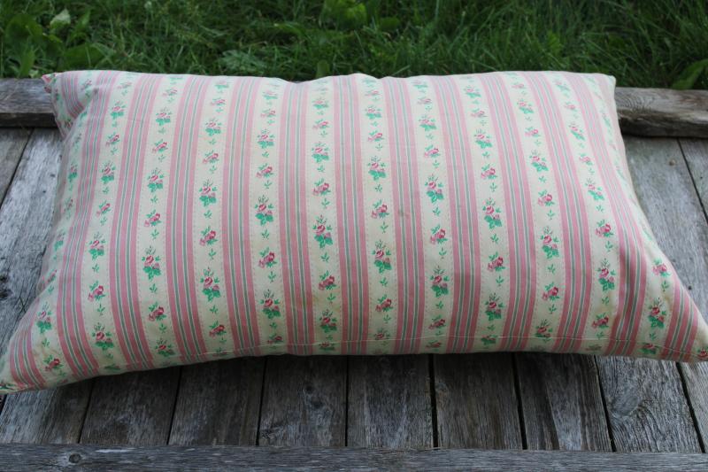 photo of vintage feather pillow, pink floral striped cotton ticking pillow, cottage chic #3