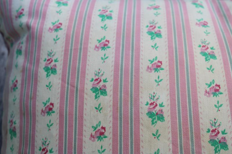 photo of vintage feather pillow, pink floral striped cotton ticking pillow, cottage chic #5