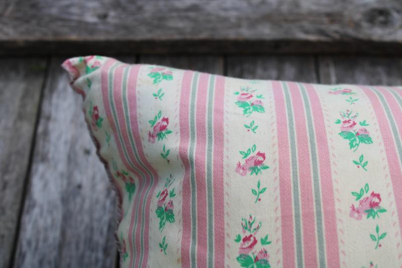 photo of vintage feather pillow, pink floral striped cotton ticking pillow, cottage chic #6