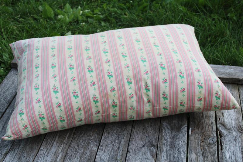 photo of vintage feather pillow, pink floral striped cotton ticking pillow, cottage chic #7