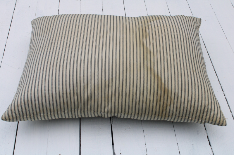 photo of vintage feather pillow, stained old blue striped cotton ticking fabric farmhouse primitive  #1