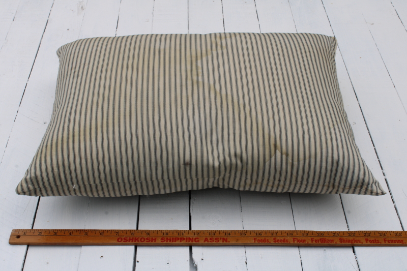 photo of vintage feather pillow, stained old blue striped cotton ticking fabric farmhouse primitive  #2