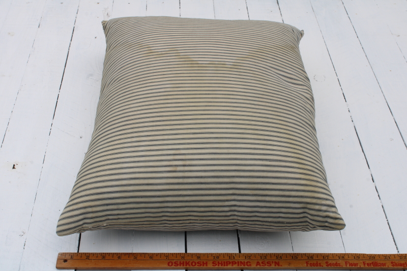 photo of vintage feather pillow, stained old blue striped cotton ticking fabric farmhouse primitive  #3