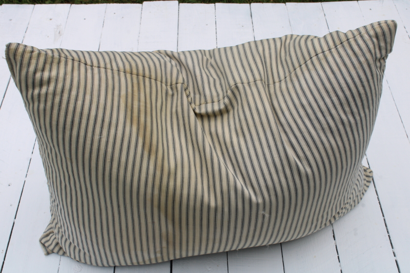 photo of vintage feather pillow, stained old blue striped cotton ticking fabric farmhouse primitive  #4