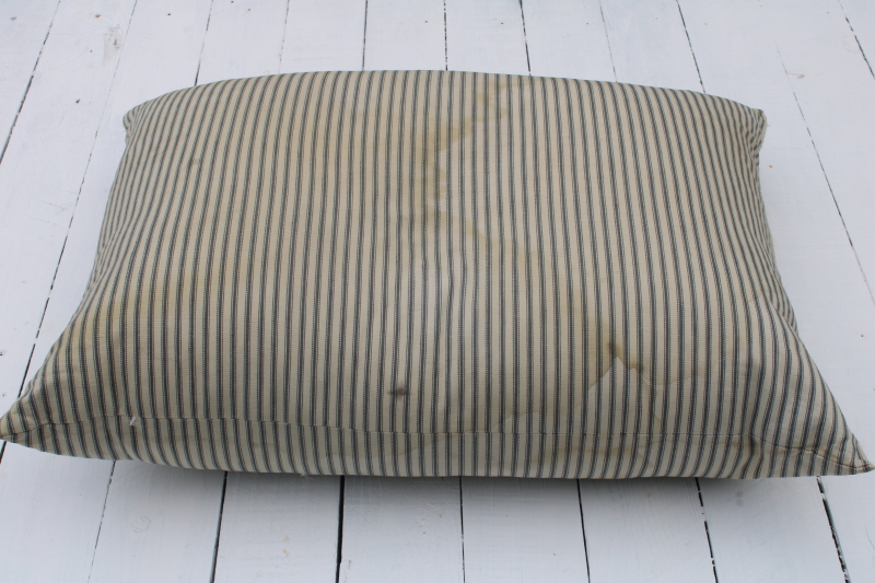 photo of vintage feather pillow, stained old blue striped cotton ticking fabric farmhouse primitive  #6