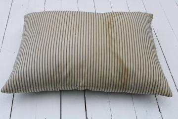 vintage feather pillow, stained old blue striped cotton ticking fabric farmhouse primitive 