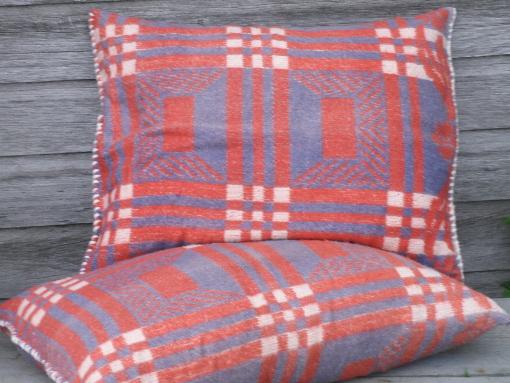 photo of vintage feather pillows, hand-stitched old cotton camp blanket covers #1