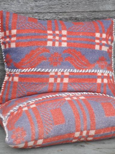 photo of vintage feather pillows, hand-stitched old cotton camp blanket covers #2