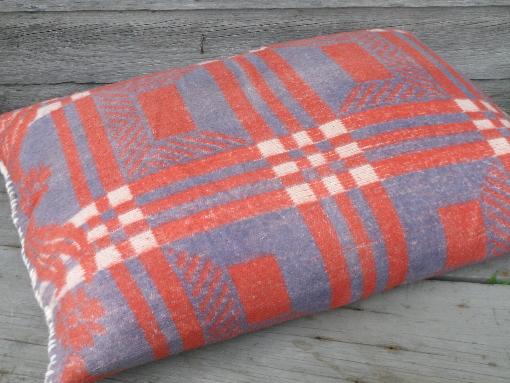 photo of vintage feather pillows, hand-stitched old cotton camp blanket covers #3