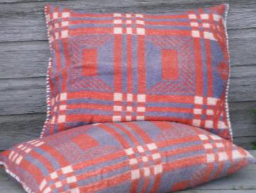 catalog photo of vintage feather pillows, hand-stitched old cotton camp blanket covers