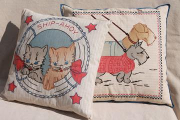 catalog photo of vintage feather pillows, ticking stripe w/ embroidered covers, nautical sailor cats & scotty dogs