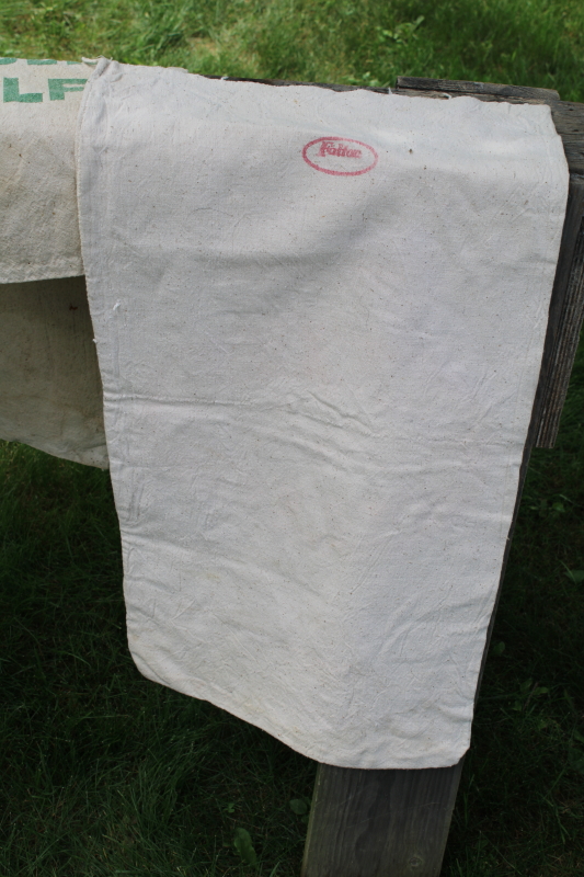 photo of vintage feed sack cotton fabric bags from farm seed, red & green Ranger alfalfa ad graphics #3