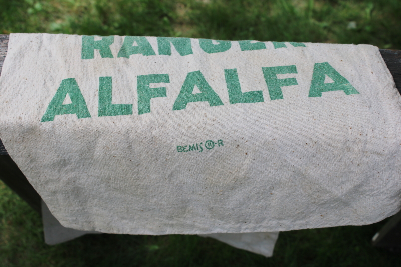 photo of vintage feed sack cotton fabric bags from farm seed, red & green Ranger alfalfa ad graphics #4