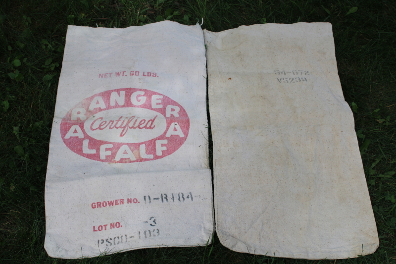 photo of vintage feed sack cotton fabric bags from farm seed, red & green Ranger alfalfa ad graphics #5