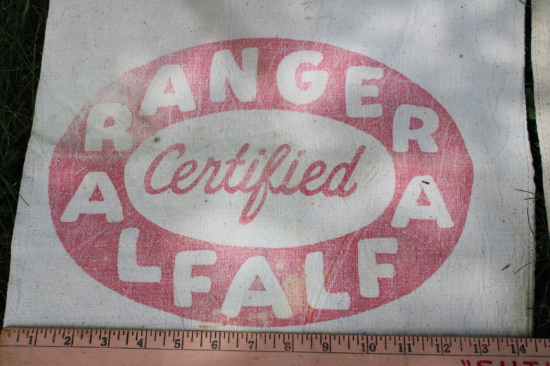 photo of vintage feed sack cotton fabric bags from farm seed, red & green Ranger alfalfa ad graphics #6
