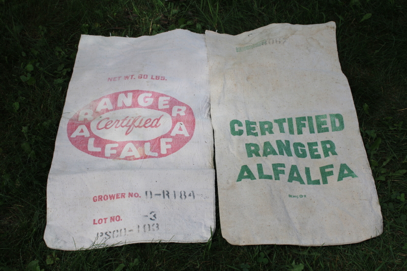 photo of vintage feed sack cotton fabric bags from farm seed, red & green Ranger alfalfa ad graphics #8