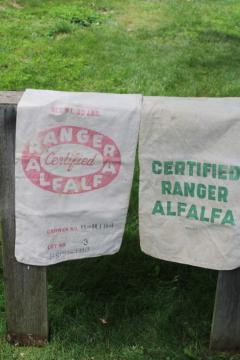 vintage feed sack cotton fabric bags from farm seed, red & green Ranger alfalfa ad graphics 