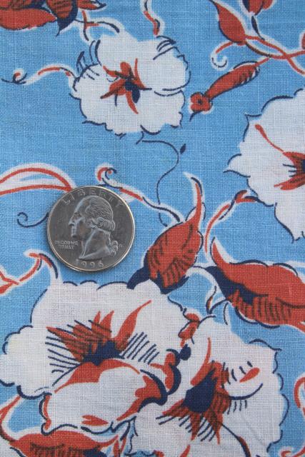 photo of vintage feed sack fabric, 1930s 1940s floral print morning glory flowers #1