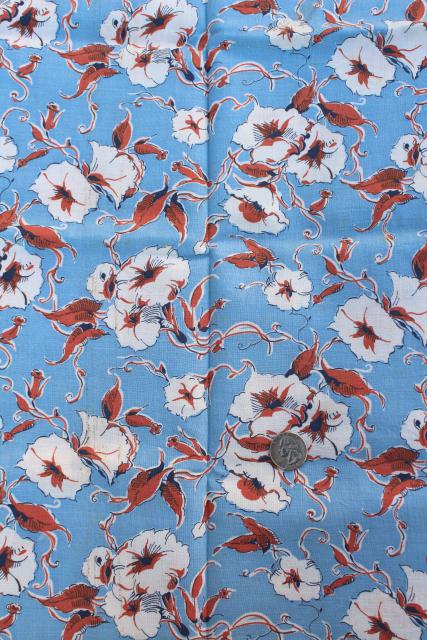 photo of vintage feed sack fabric, 1930s 1940s floral print morning glory flowers #2