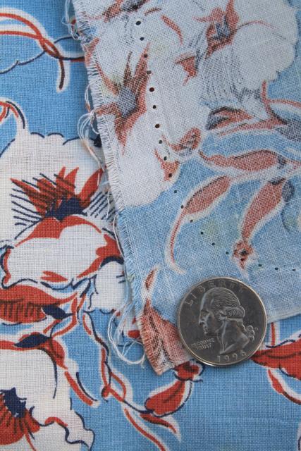 photo of vintage feed sack fabric, 1930s 1940s floral print morning glory flowers #3