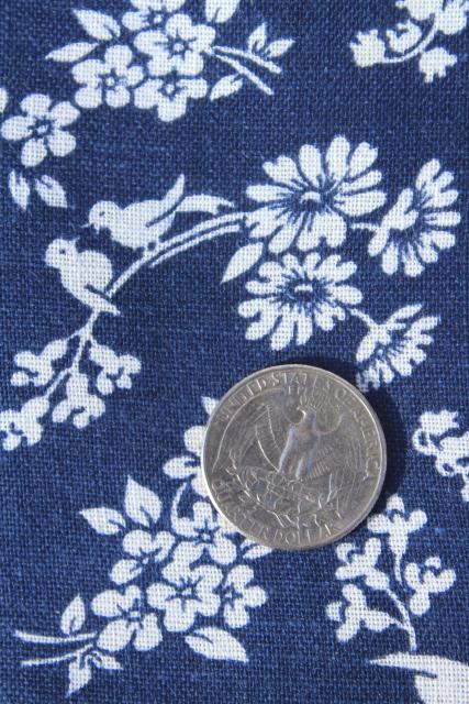 photo of vintage feed sack fabric, daisies & song birds print white on navy blue #1