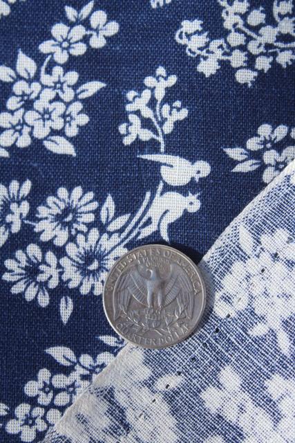 photo of vintage feed sack fabric, daisies & song birds print white on navy blue #5