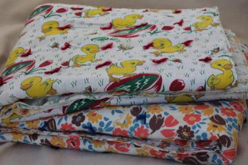 catalog photo of vintage feed sack fabric tied quilts, baby comforters w/ cute cotton prints