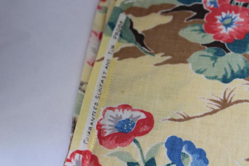 photo of vintage feed sack weave cotton fabric, cottage houses w/ hollyhocks print #2